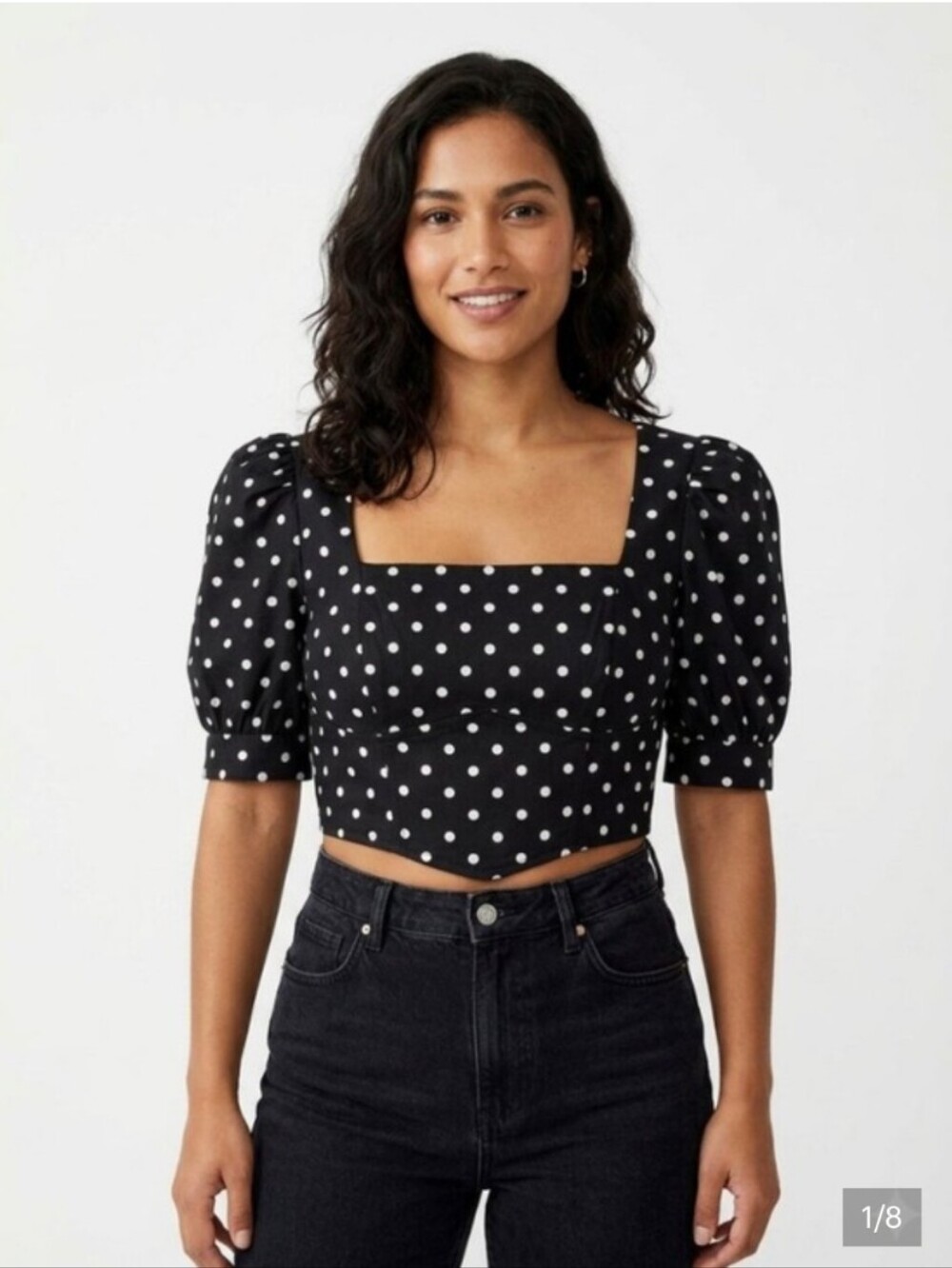 Topshop Black and White Polka Dot Puff Sleeve Crop Top Pin-up Retro Coquette XS